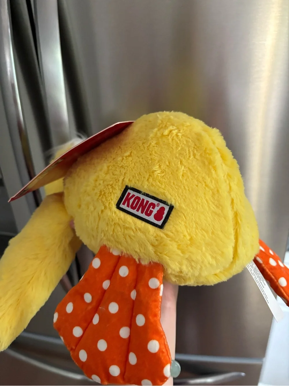 Kong Yellow Plush Duck with Orange Polka Dot Tail dog toy NEW WITH TAGS